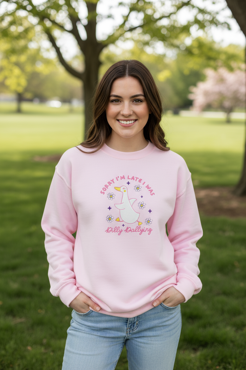 Sorry I'm Late I Was Dilly Dallying Light Pink Sweatshirt - Model in Park