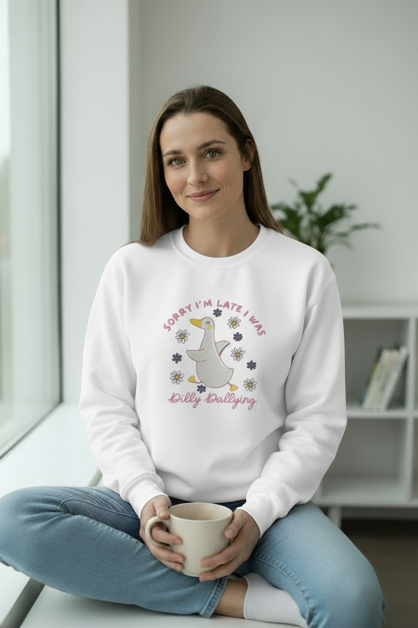 Sorry I'm Late I Was Dilly Dallying White Sweatshirt - Model on Couch