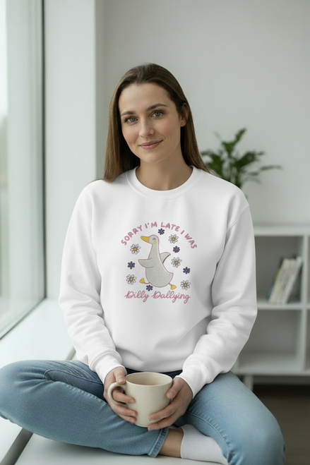 Sorry I'm Late I Was Dilly Dallying White Sweatshirt - Model on Couch