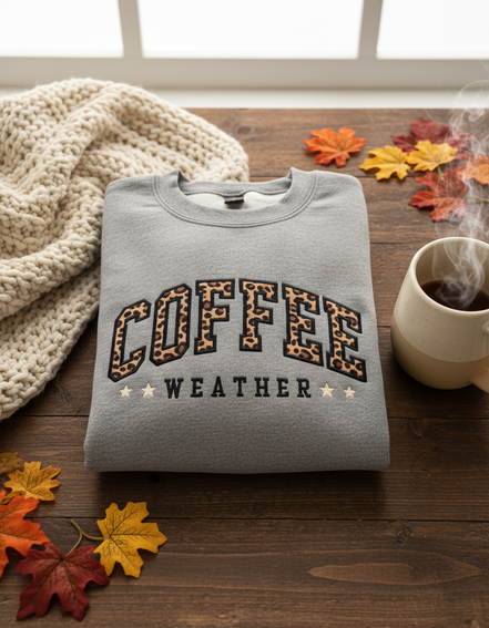 Sport grey Coffee Weather sweatshirt folded with cozy background