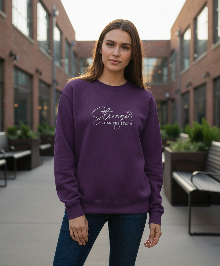 Stronger Than The Storm Sweatshirt in Gildan Purple