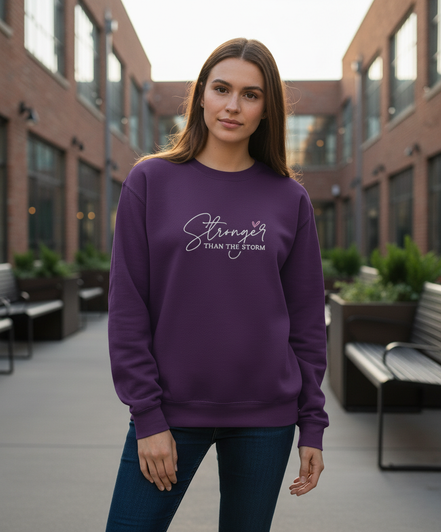 Stronger Than The Storm Sweatshirt in Gildan Purple