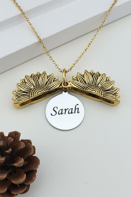 Sunflower necklace with Sarah engraving
