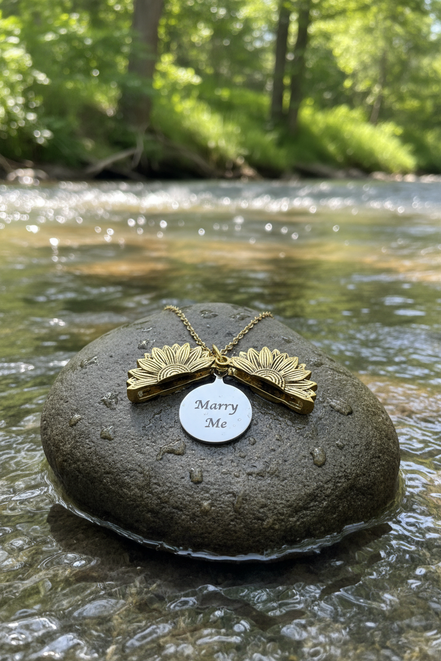 Sunflower pendant on rock in river