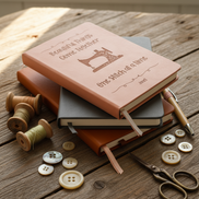 Three sewing journals stacked in rustic setting