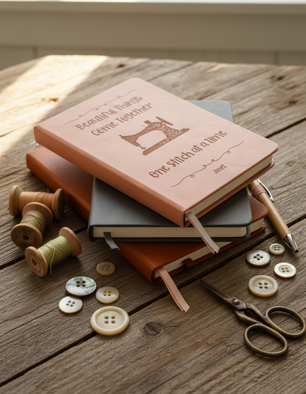 Three sewing journals stacked in rustic setting