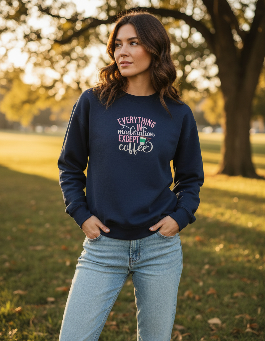 Navy everything in moderation except coffee embroidered sweatshirt