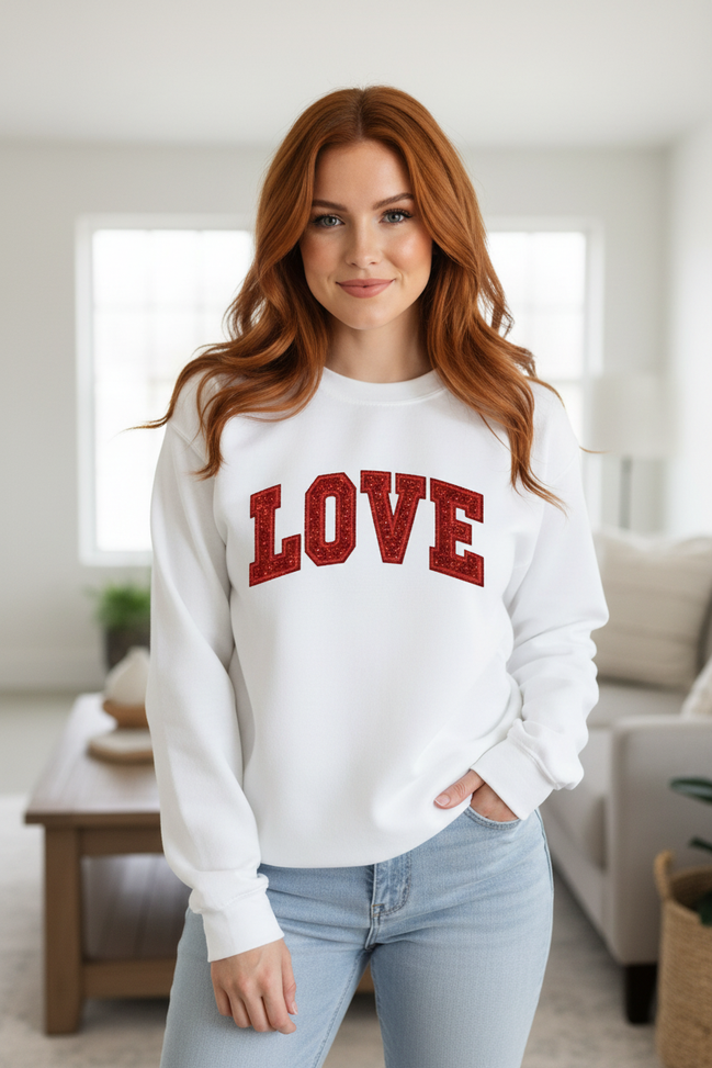 White LOVE Sweatshirt - Red-Headed Model
