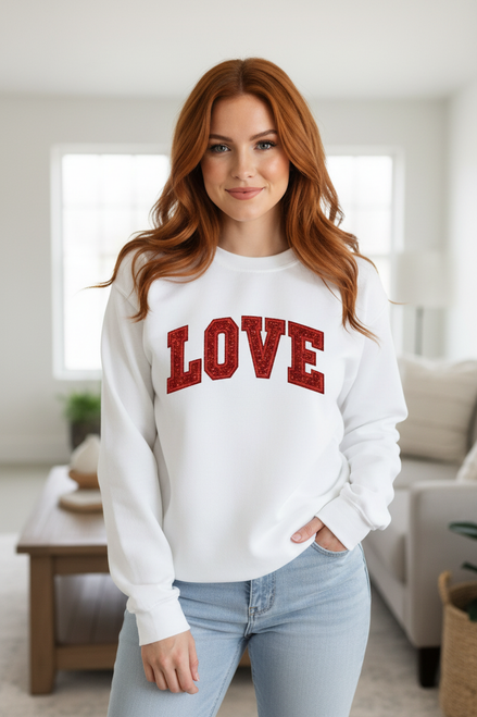 White LOVE Sweatshirt - Red-Headed Model