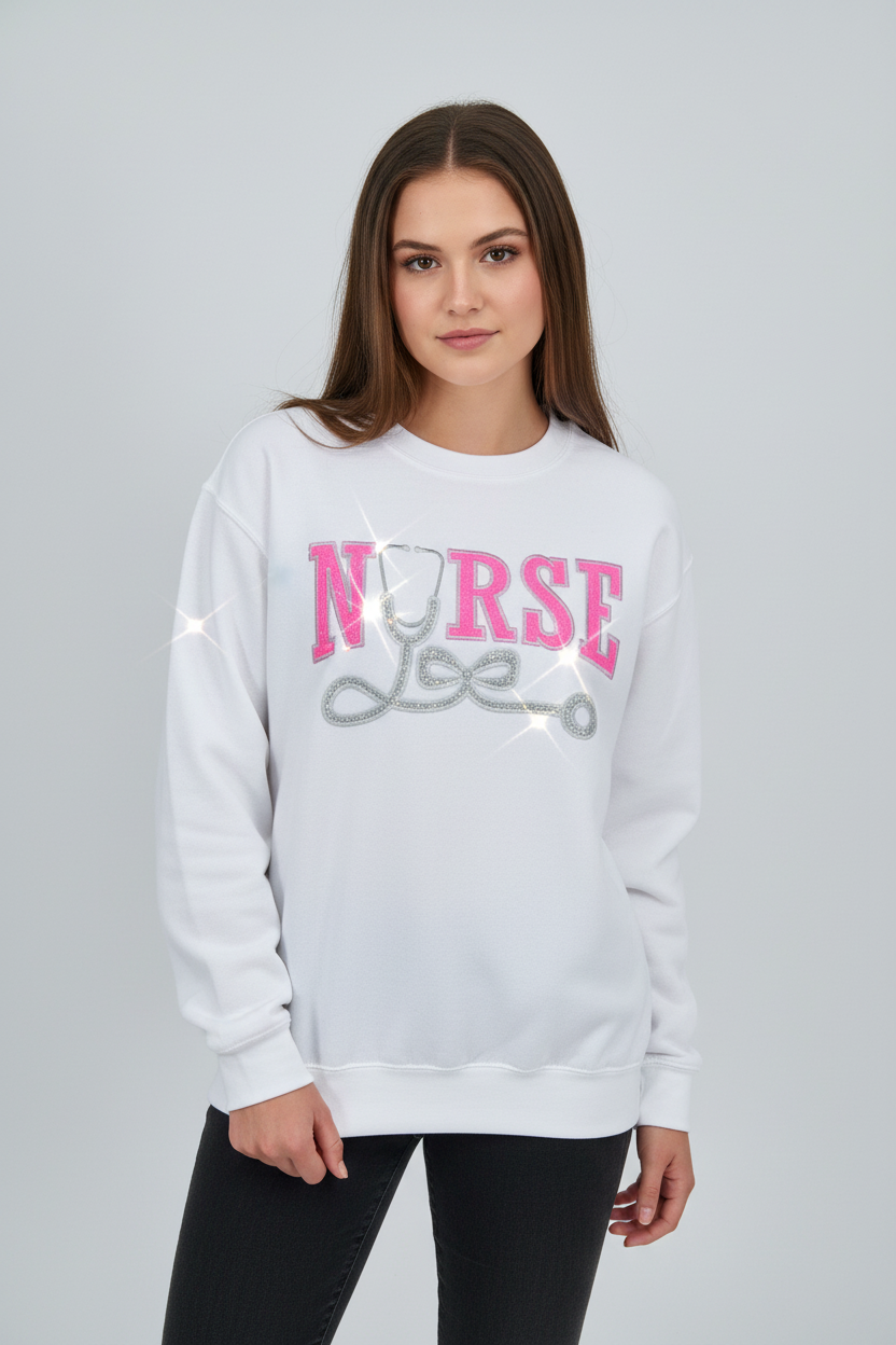 White embroidered nurse Sweatshirt with Silver Glitter Stethoscope
