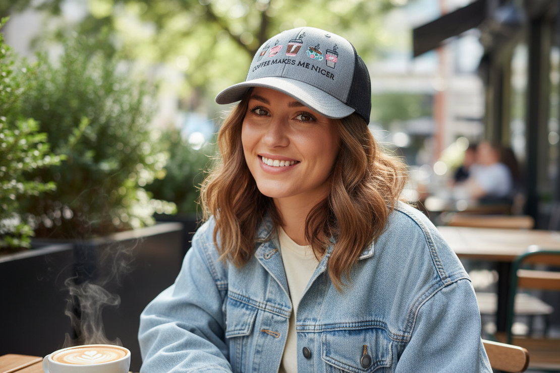 Woman wearing Coffee Makes Me Nicer hat