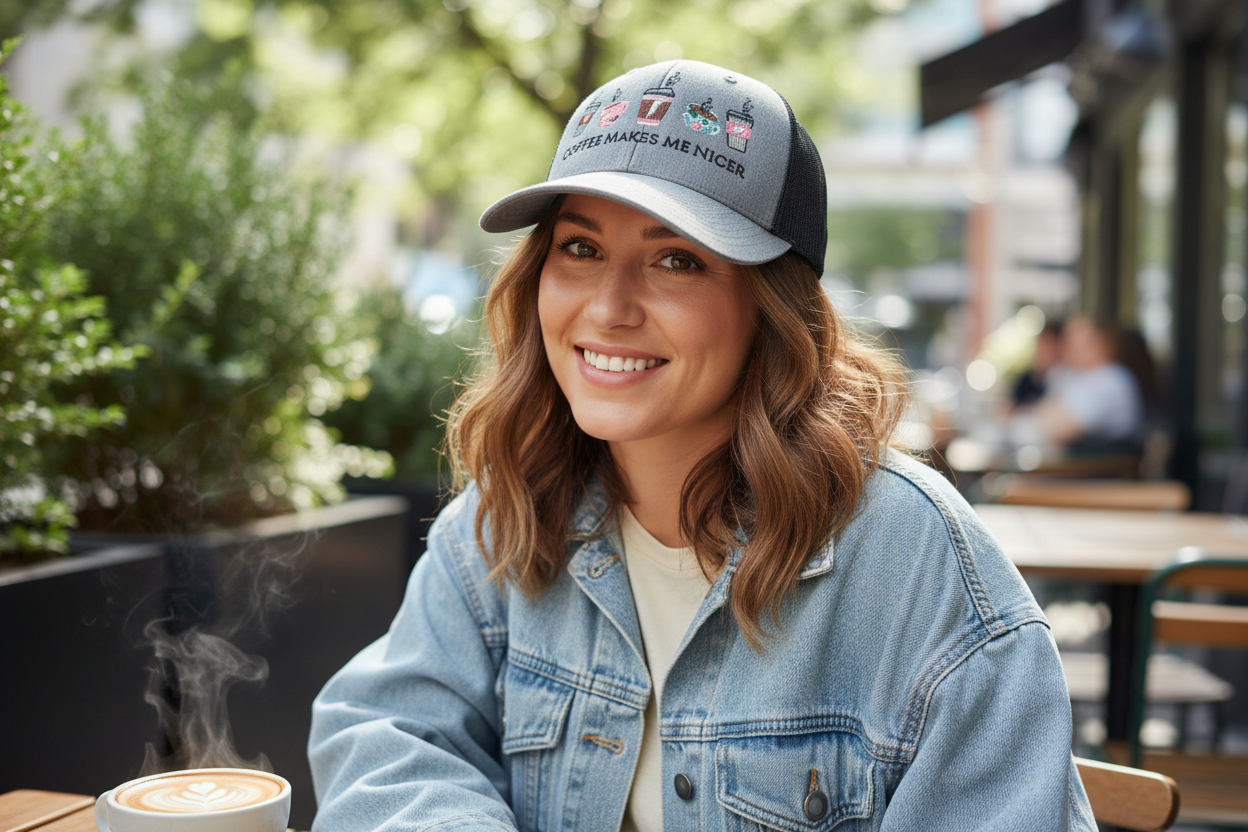 Woman wearing Coffee Makes Me Nicer hat